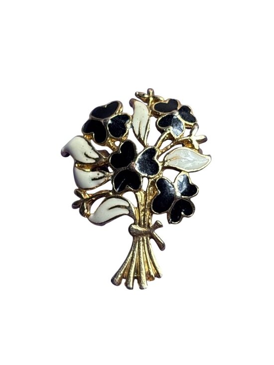 Jewelry - Vintage Floral Bouquet Brooch Pin Goldtone Black White Enamel 1.25 inches